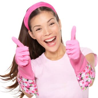 Cleaning woman happy excited showing thumbs up success hand sign smiling joyful isolated on white background. Beautiful fresh energetic multiracial Caucasian / Chinese Asian female model.
