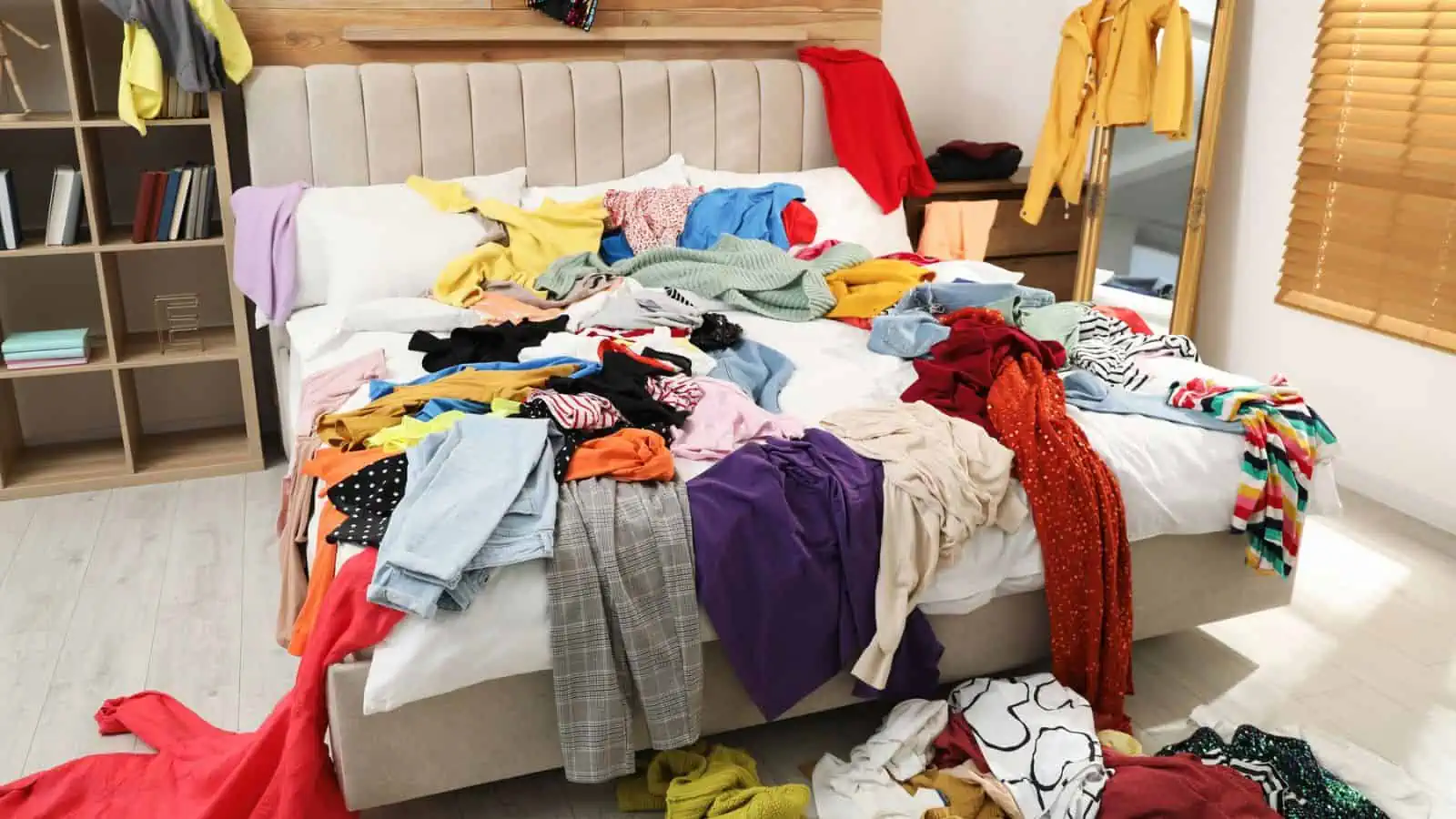 bed covered in clothes