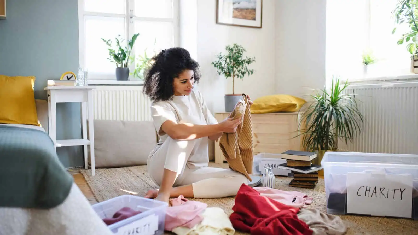 woman sitting on floor sorting and decluttering clothes