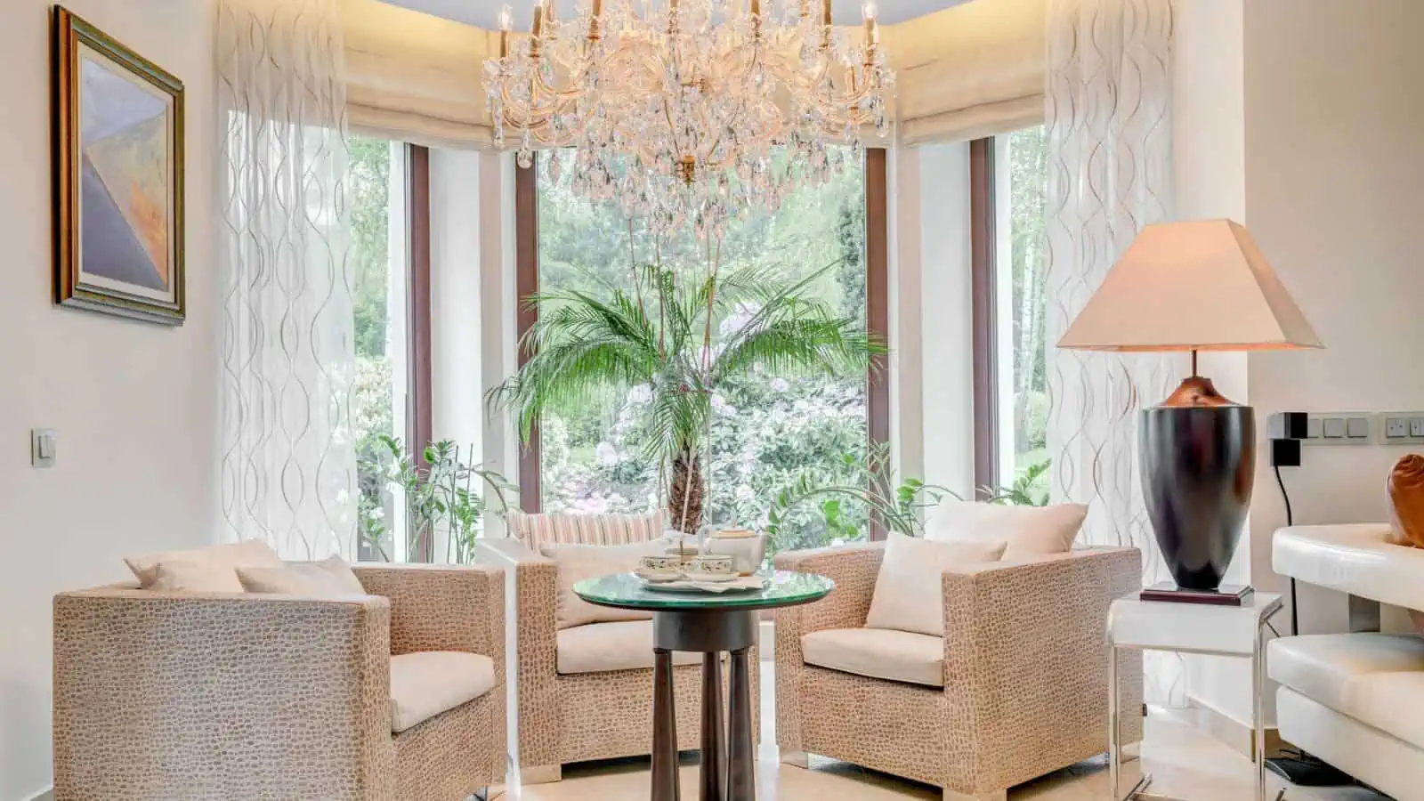 elegant living room with chandelier