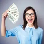smiling woman holding fan of 100 dollar bills (1000 × 1000 px)