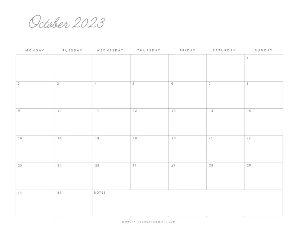 October Minimalist Calendar - Script