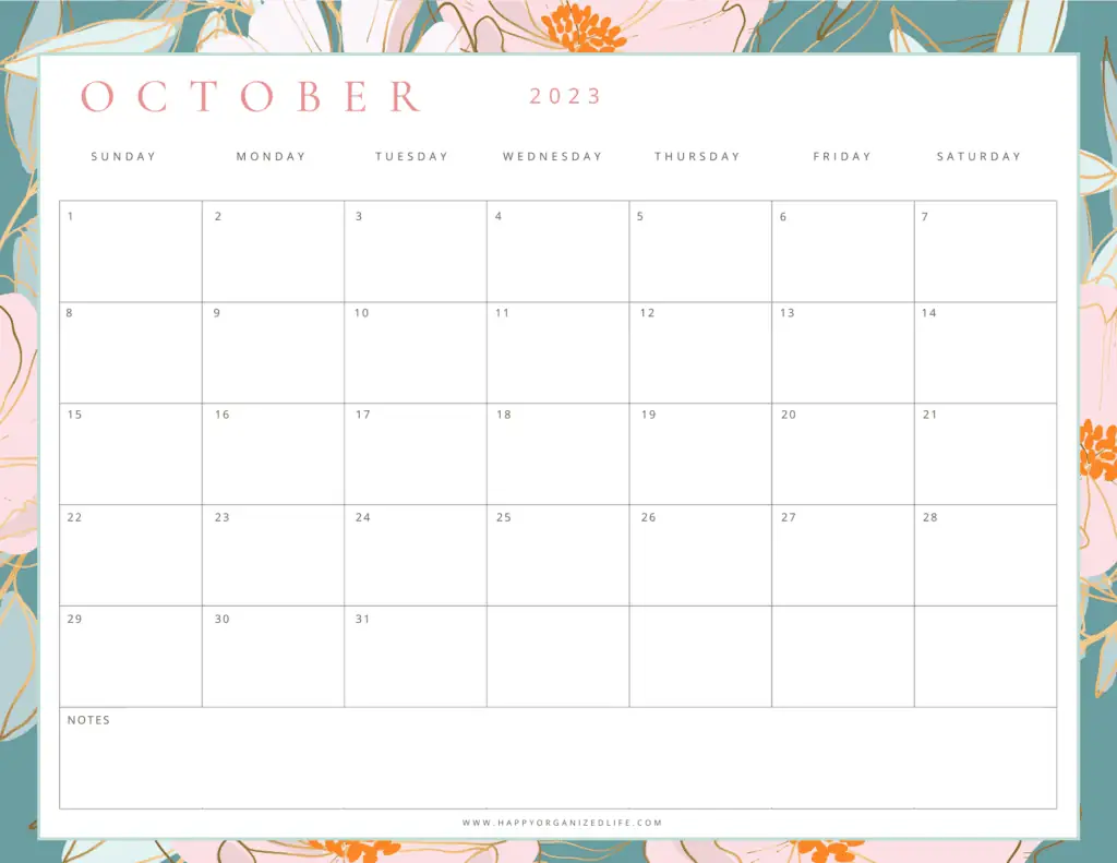 October 2023 Calendar Pastel Pink and Green Design