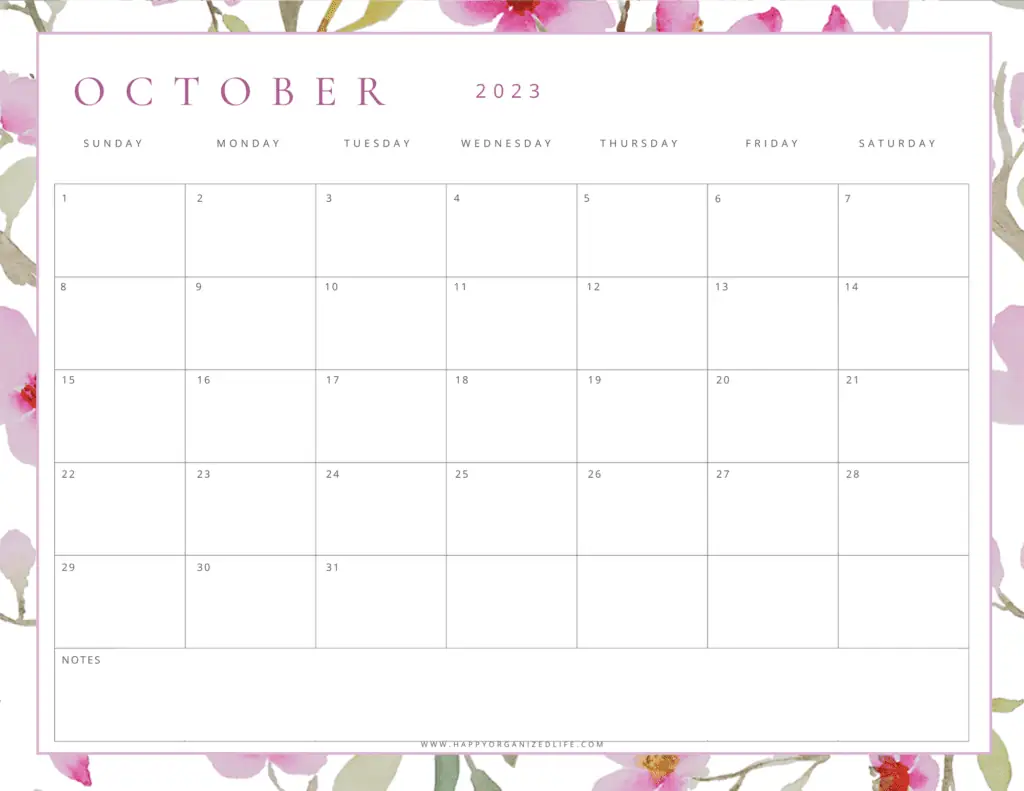 October 2023 Calendar Pastel Pink and Purple Design