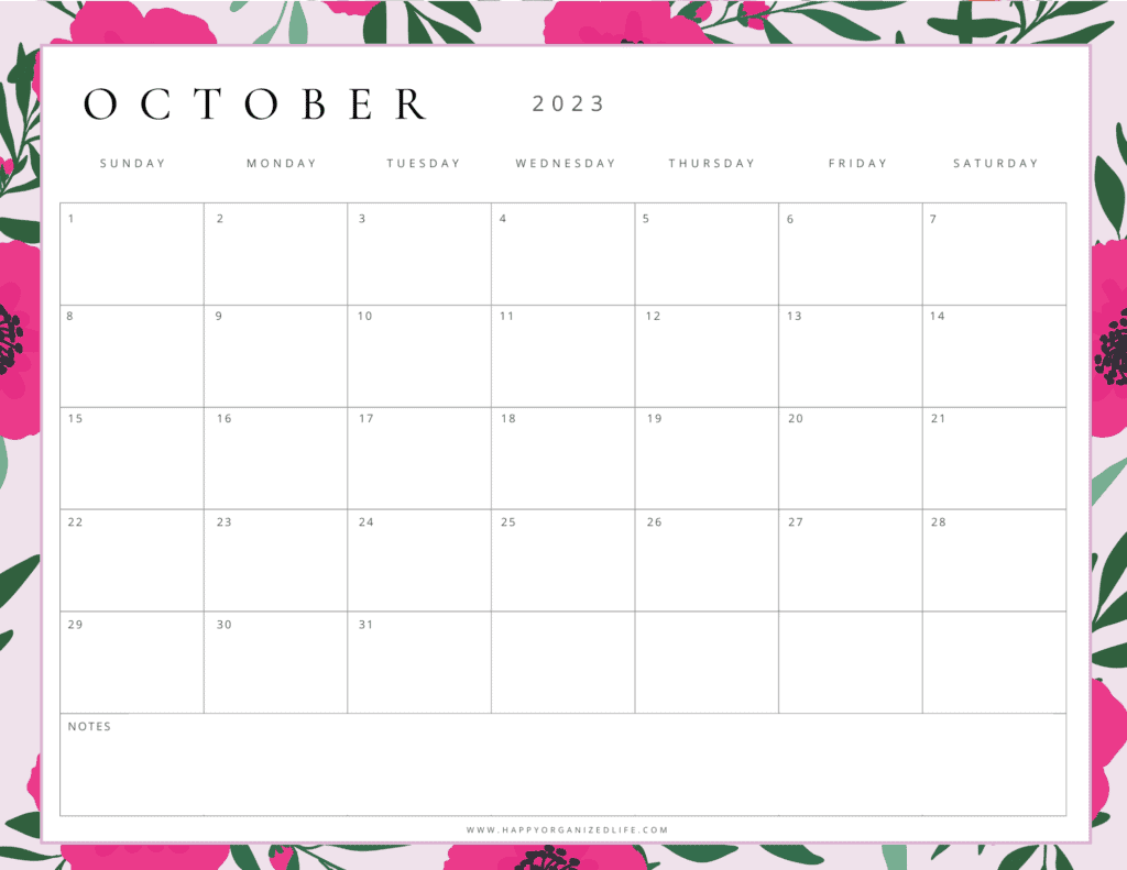 October 2023 Calendar Hot Pink Floral Design