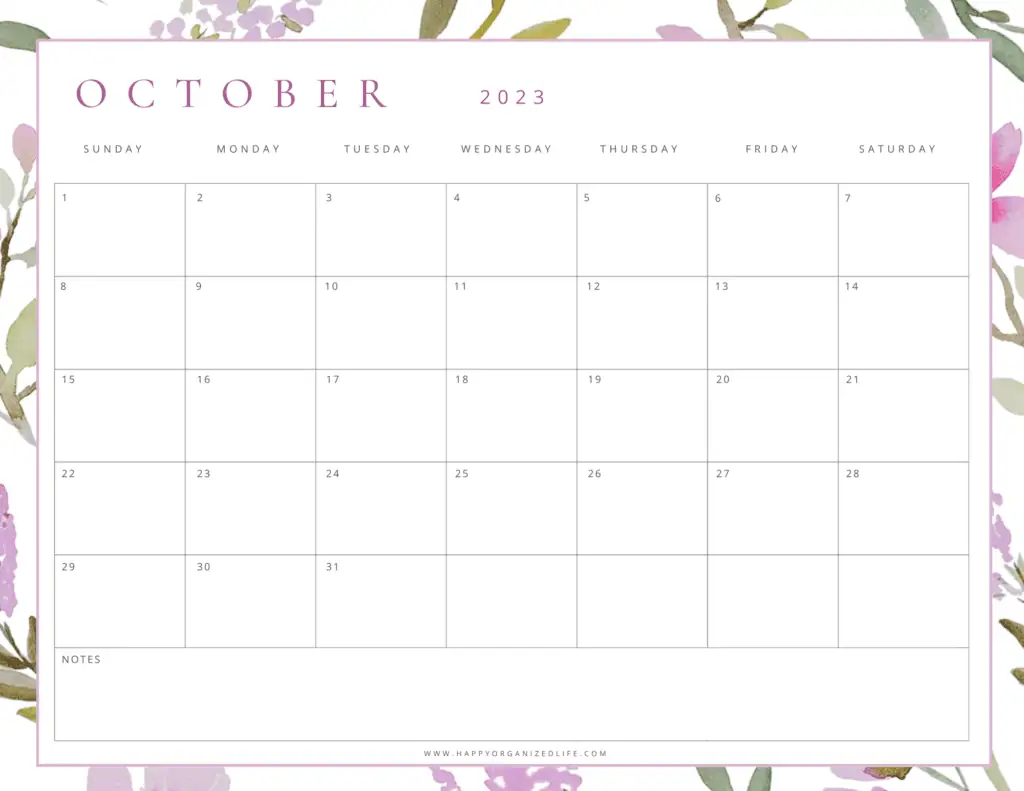 October 2023 Calendar Lavender and Green Floral Design