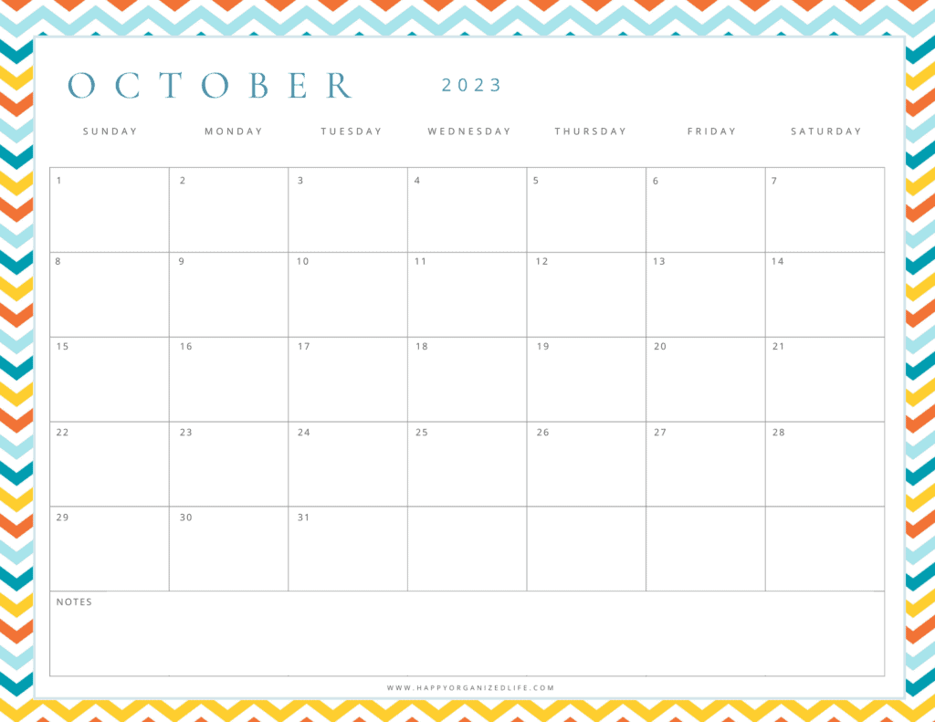 October 2023 Calendar Brightly Colored Chevron Design