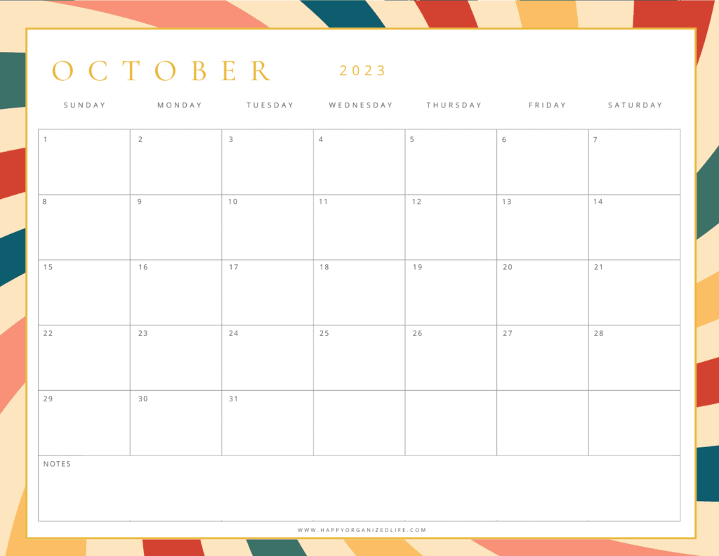 October 2023 Calendar Red Orange and Green Stripe Design