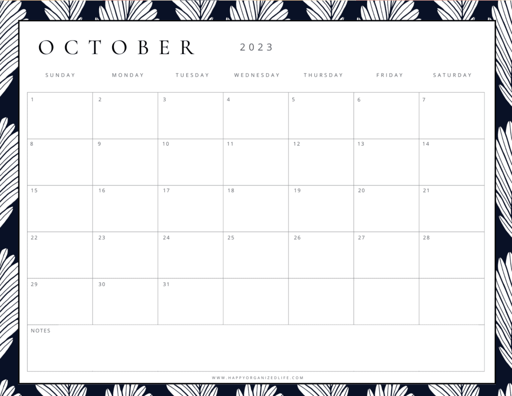 October 2023 Calendar Black and White Leaf Design