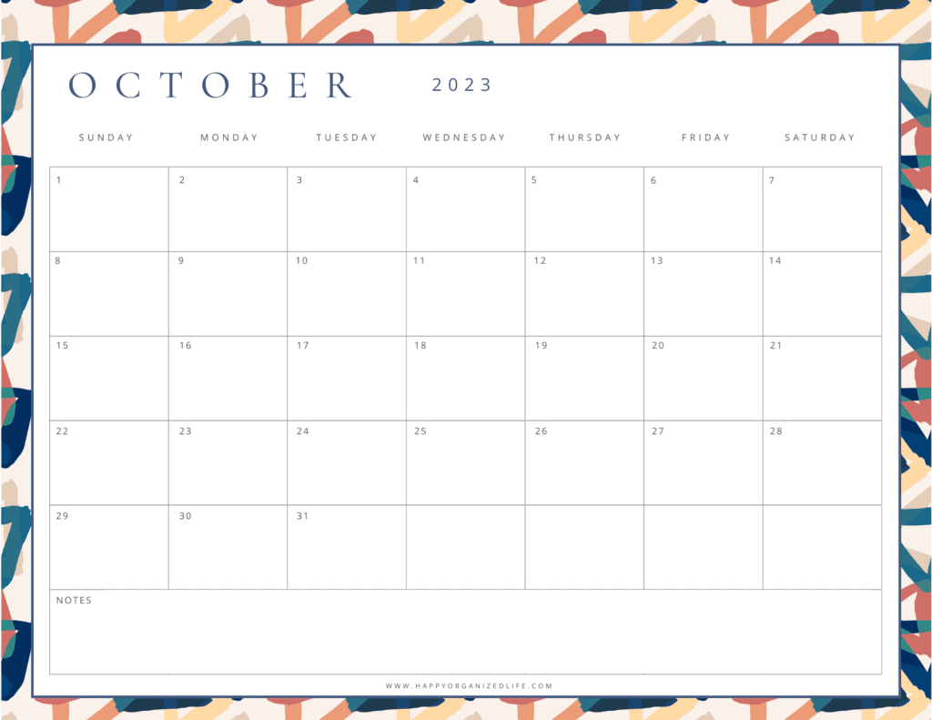 October 2023 Calendar Multicolored Geometric Design