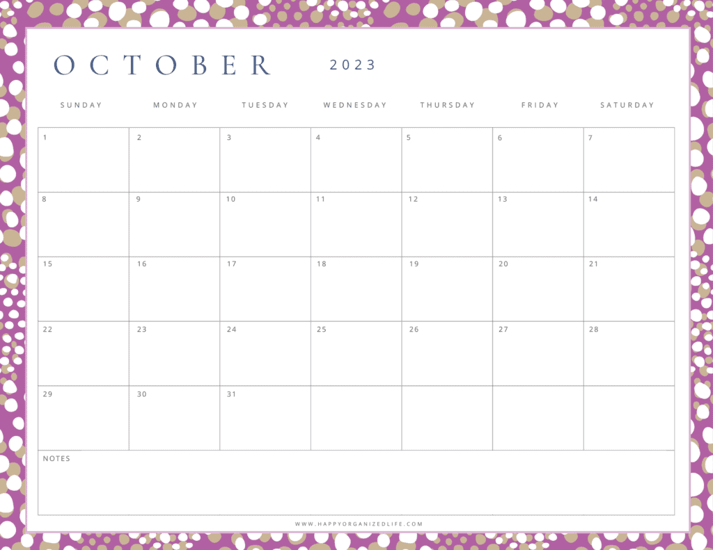 October 2023 Calendar Purple Geometric Design