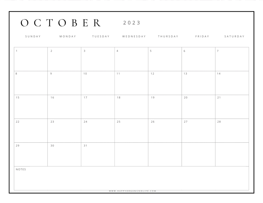 Blank October black and white calendar