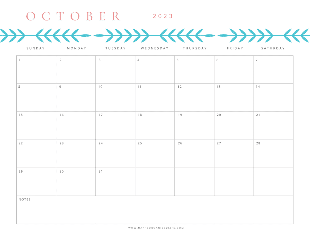 October 2023 Calendar Aqua Fern Border