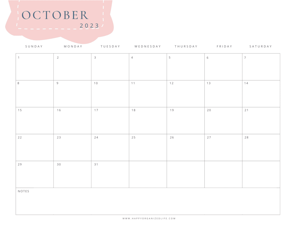 October Minimalist Blush Calendar