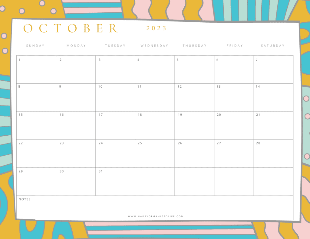 October 2023 Calendar Multicolored Design