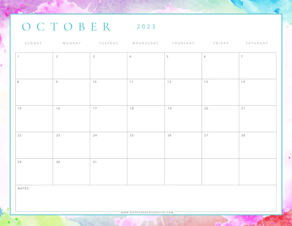 October 2023 Calendar Watercolor Design