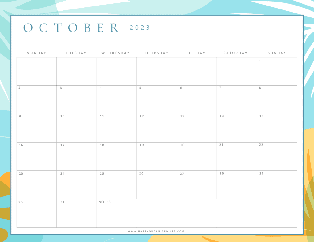 October 2023 Calendar Sunshine Monday Start Design