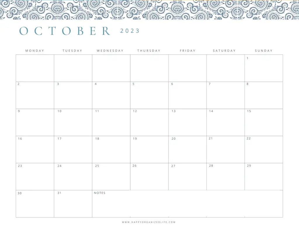 October 2023 Calendar Blue Paisley Monday Start Design