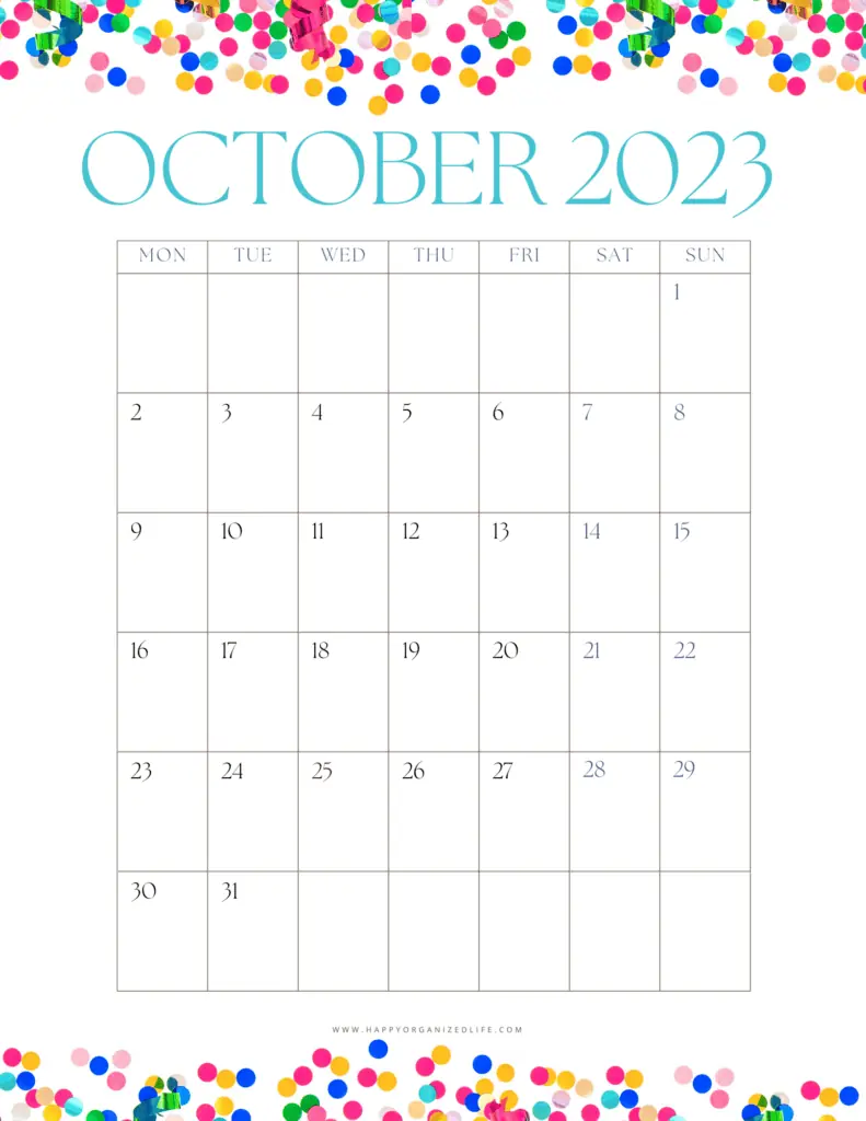 October 2023 Calendar - Confetti