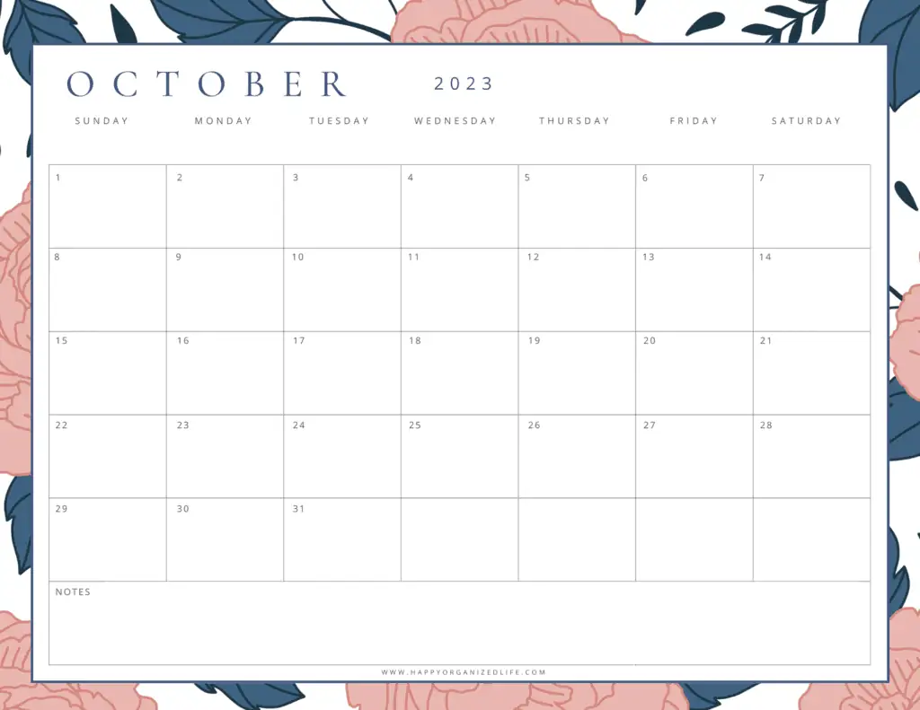 October 2023 calendar pink and navy design