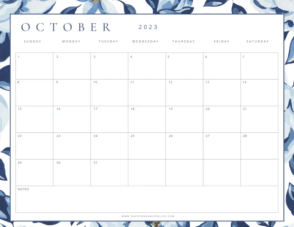 October 2023 calendar light and dark blue floral design