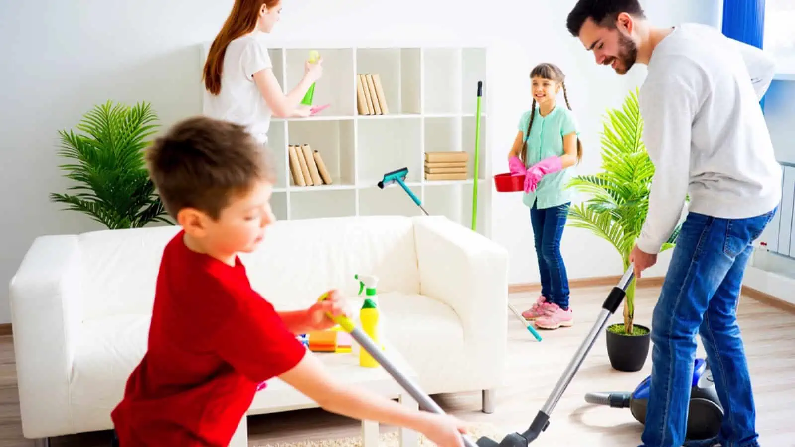 Family cleaning with kids