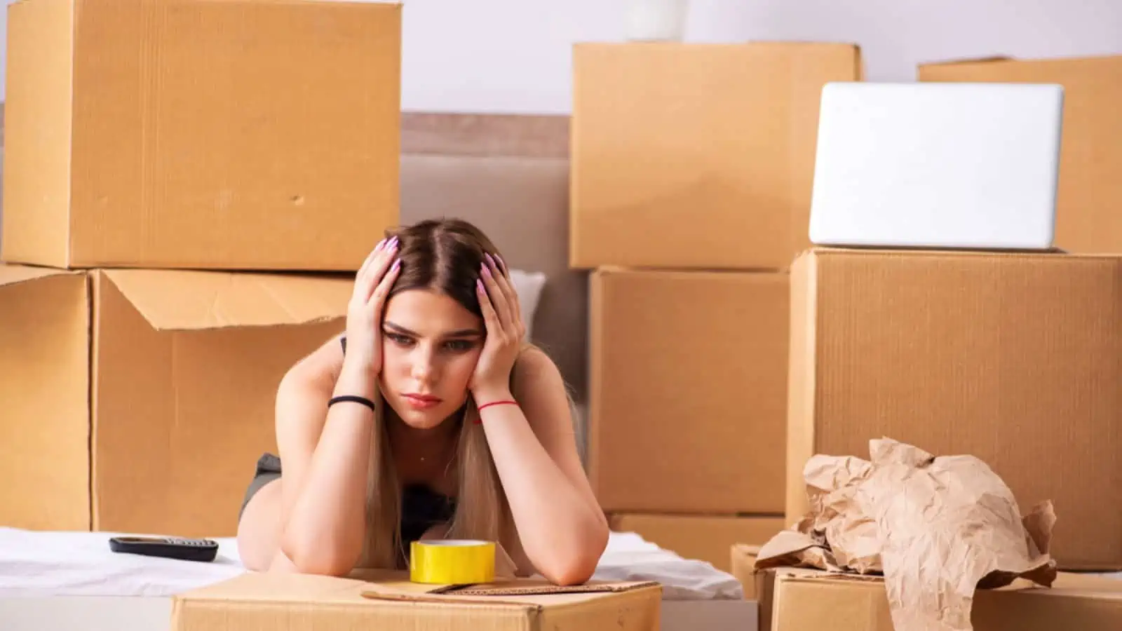 Upset and tired young woman decluttering