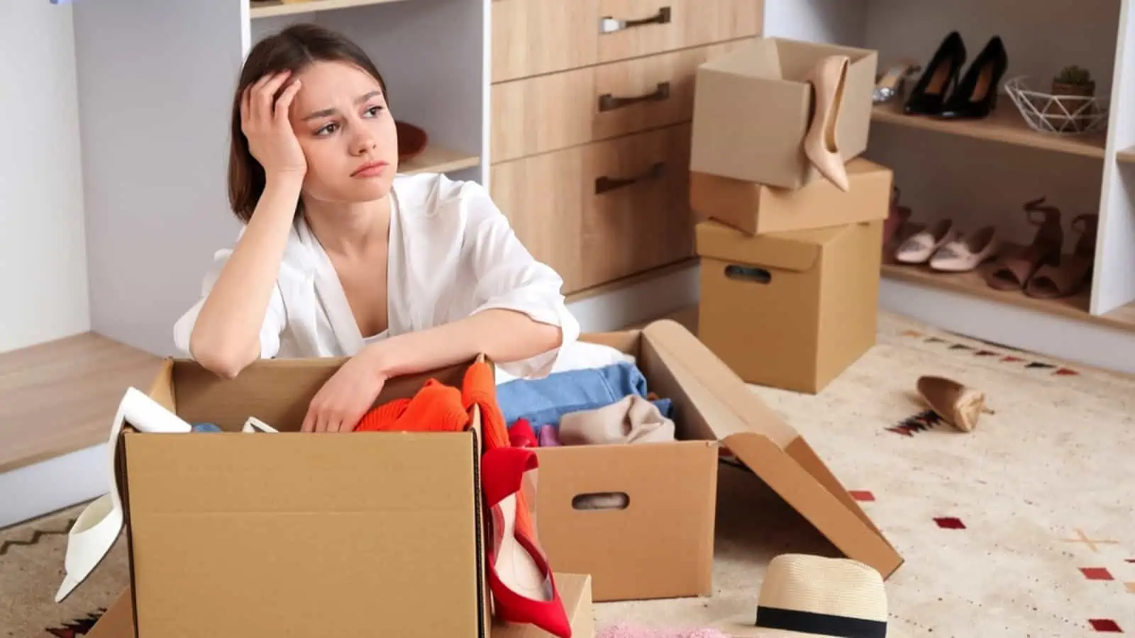 Upset young woman with wardrobe box