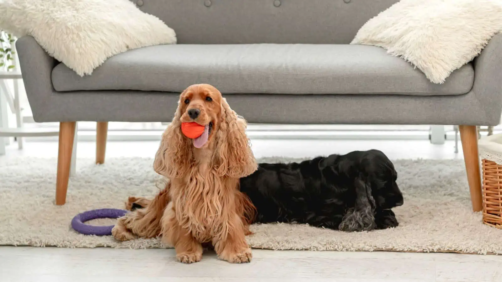 dogs with toys by couch