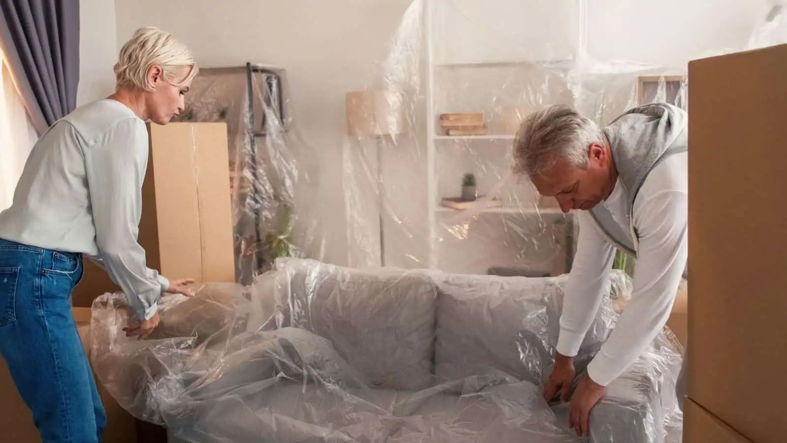 older couple wrapping couch in plastic wrap preparing to move