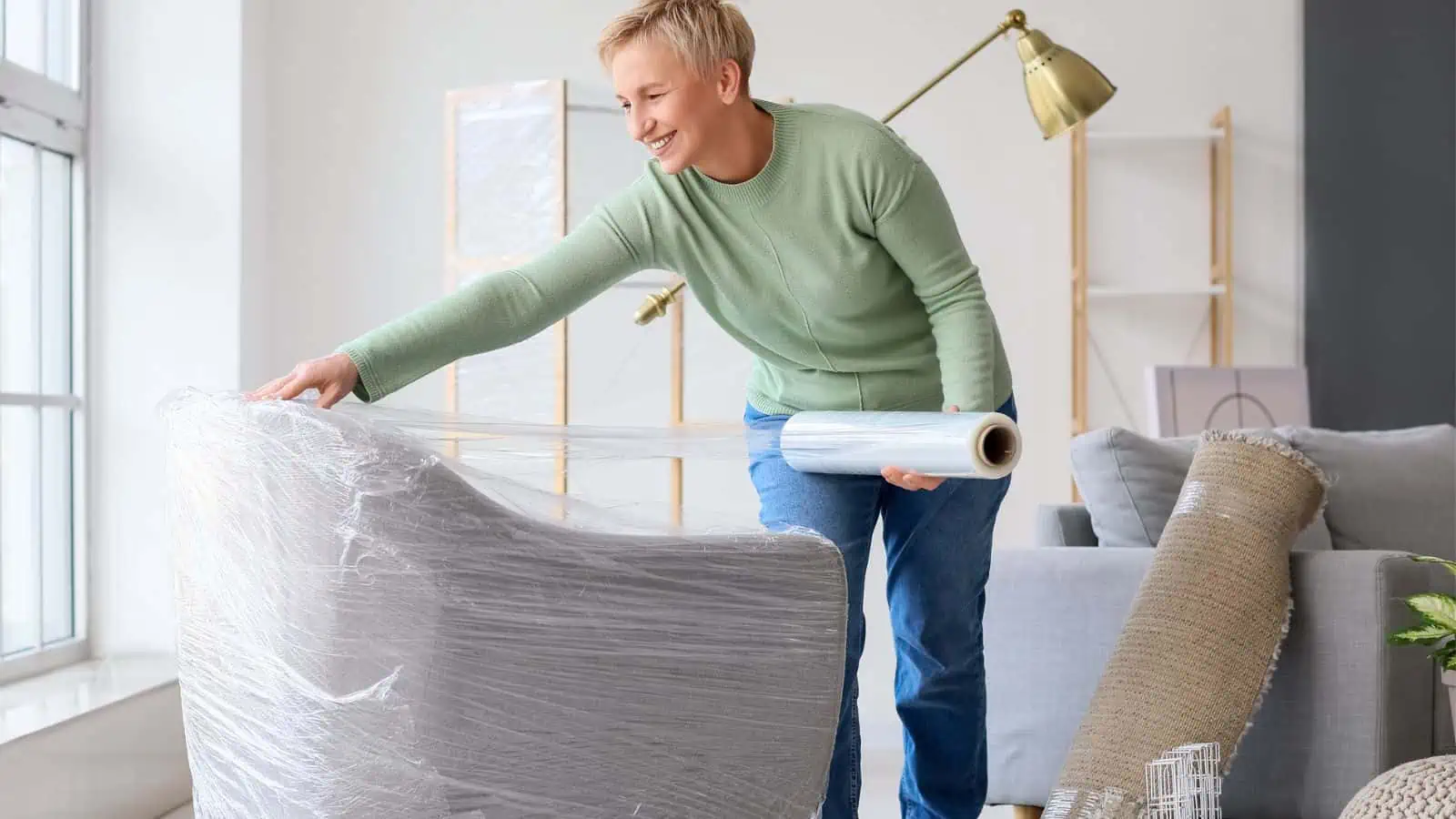 older woman wrapping chair in plastic wrap