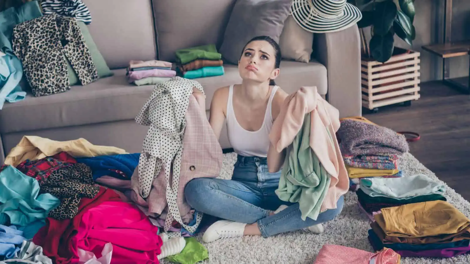 overwhelmed woman surrounded by clothes