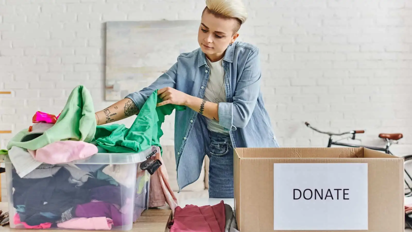 woman with short hair and tattoos sorting clothes to donate