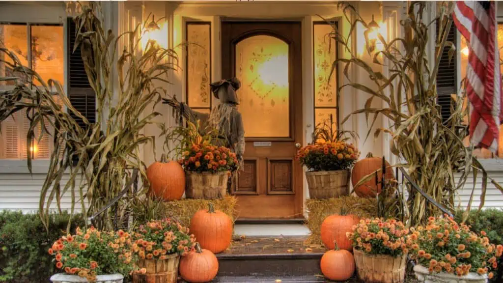 front porch with cornstalks and scarecrow