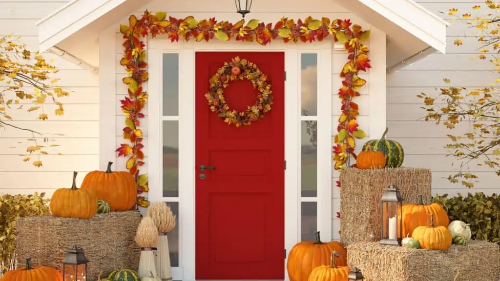 front porch with hay bales