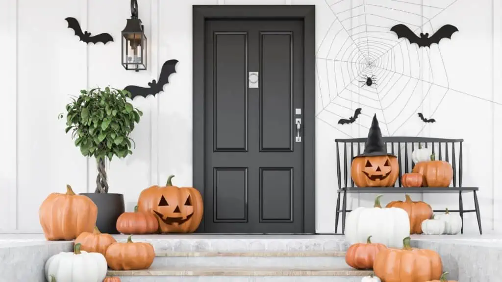 Front porch decorated for Halloween