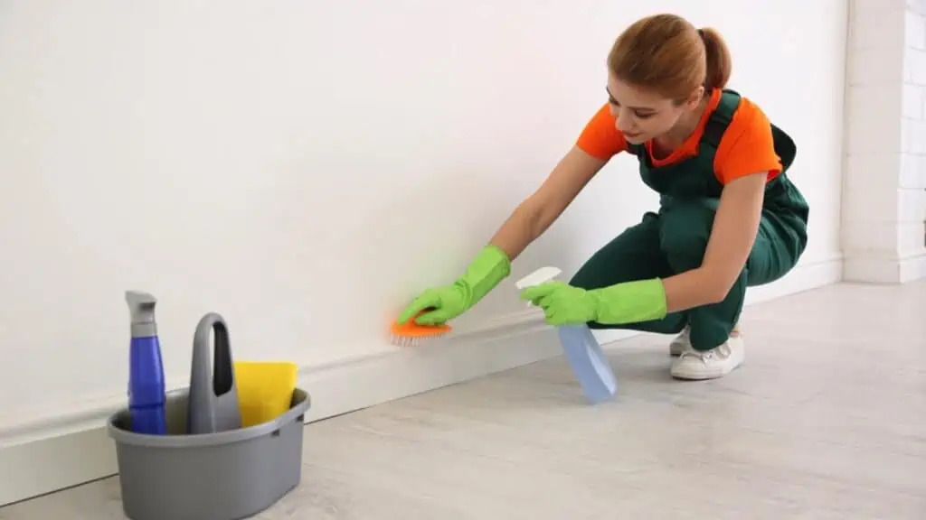 Woman cleaning Baseboards