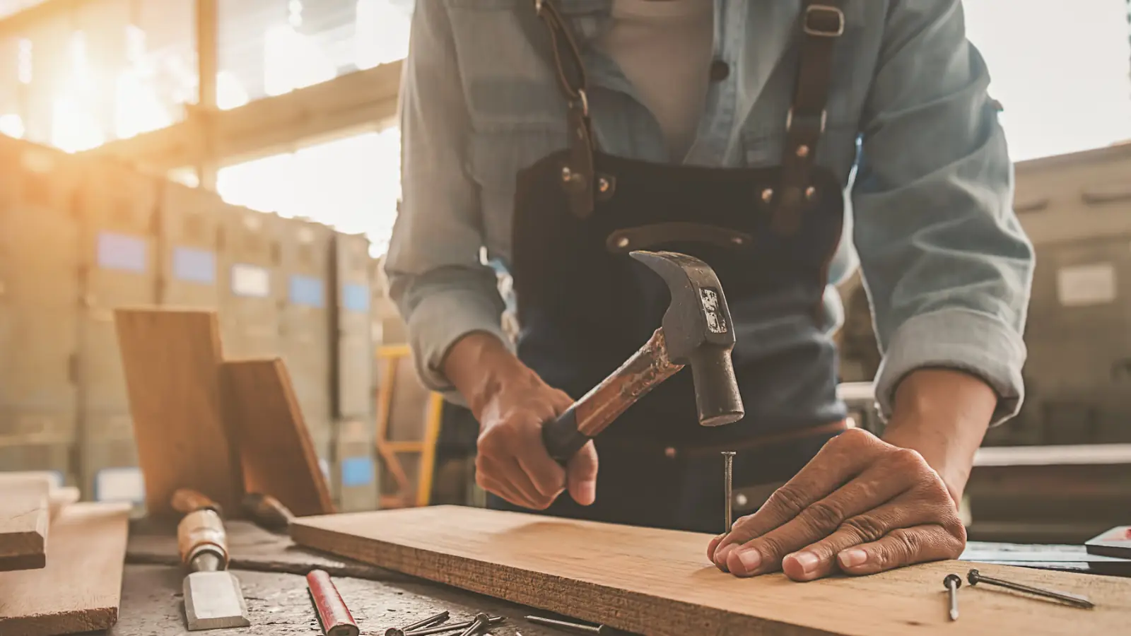 man hammering wood