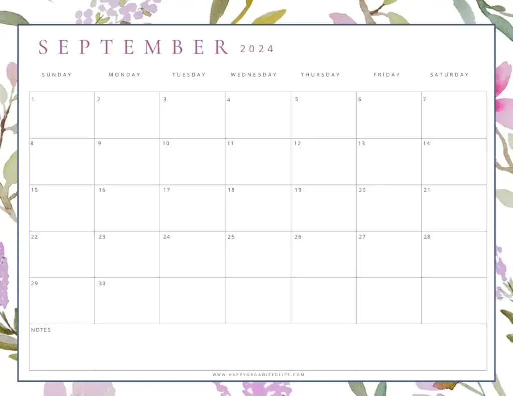 September 2024 Lavender Leafy Printable Calendar