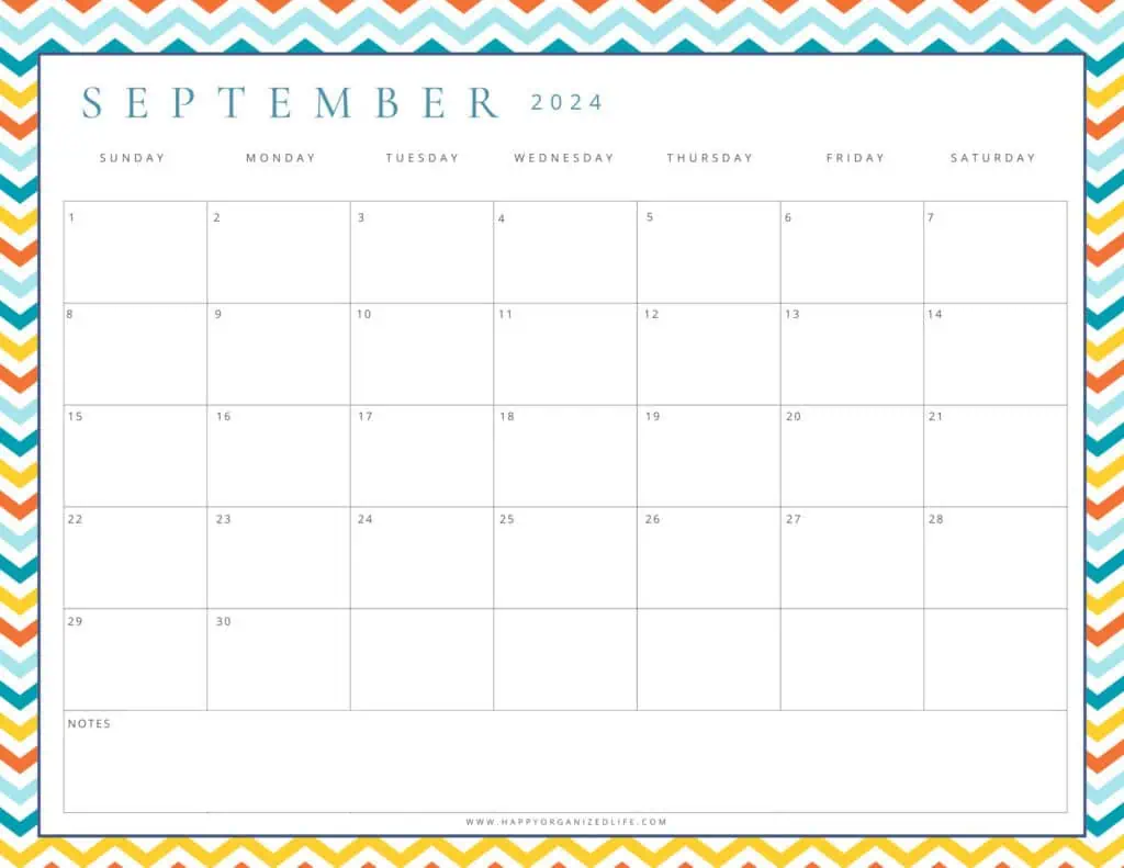 September 2024 Bright Chevron Printable Calendar