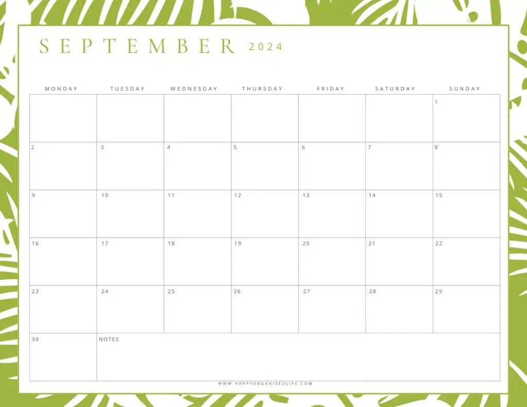 September 2024 Bright Green Printable Calendar