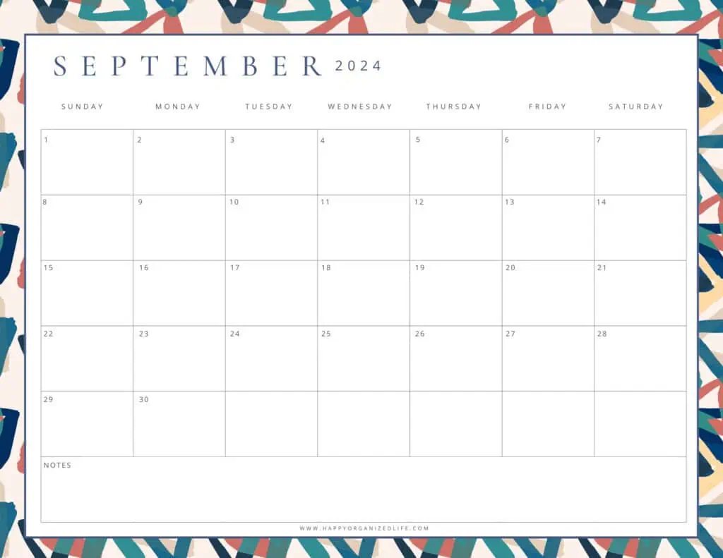 September 2024 Abstract Colorful Printable Calendar