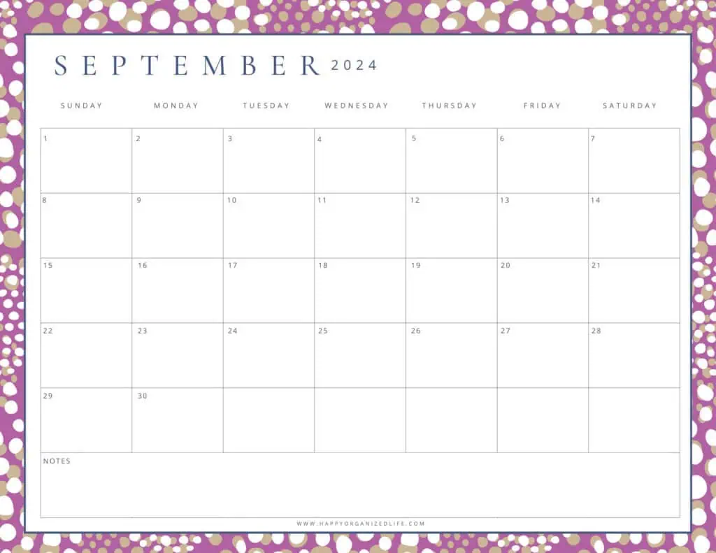 September 2024 Purple Polka Dot Printable Calendar