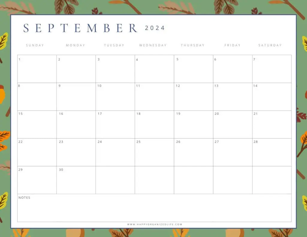 September 2024 Autumn Leaves Green Printable Calendar