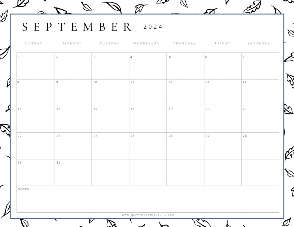 September 2024 Black and White Leaves Printable Calendar