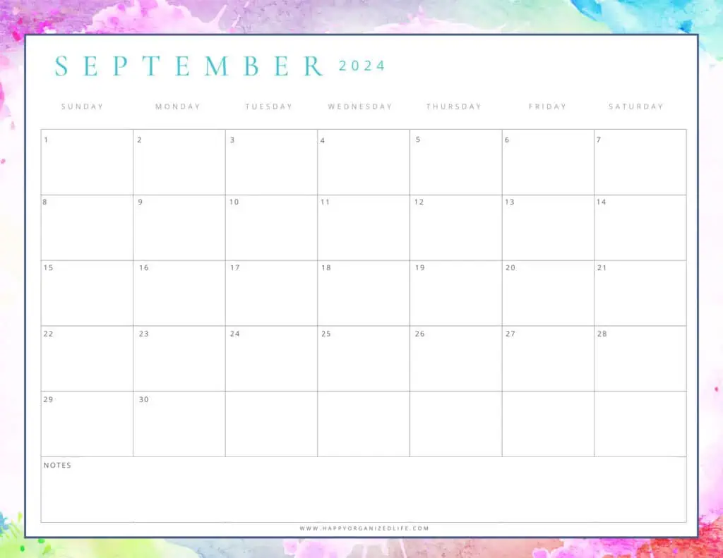 September 2024 Watercolor Printable Calendar