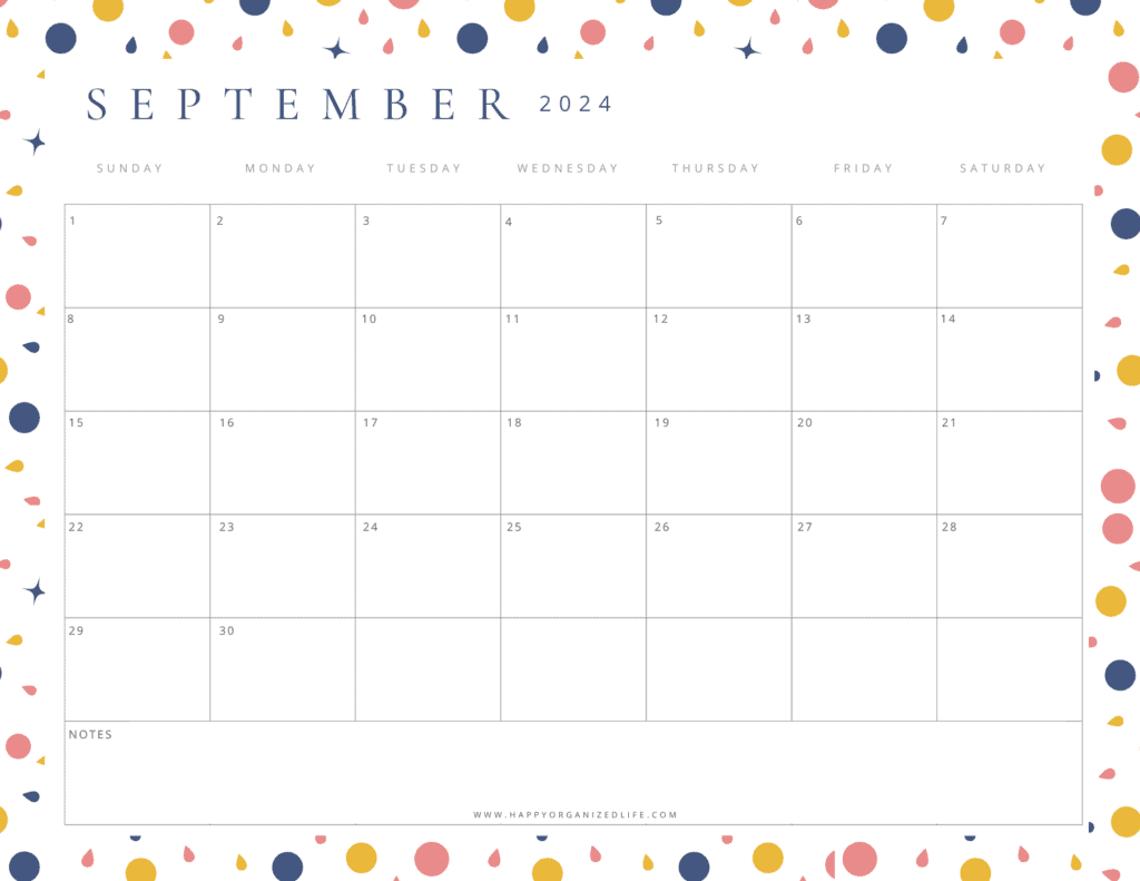 September 2024 Bright Polka Dots Printable Calendar