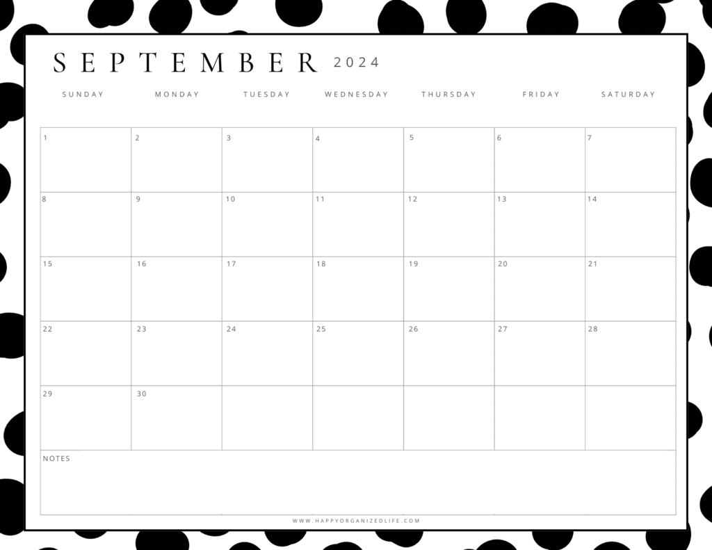 September 2024 Black and White Polka Dot Printable Calendar