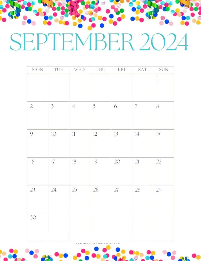 September 2024 Vertical Calendar Bright Polka Dot