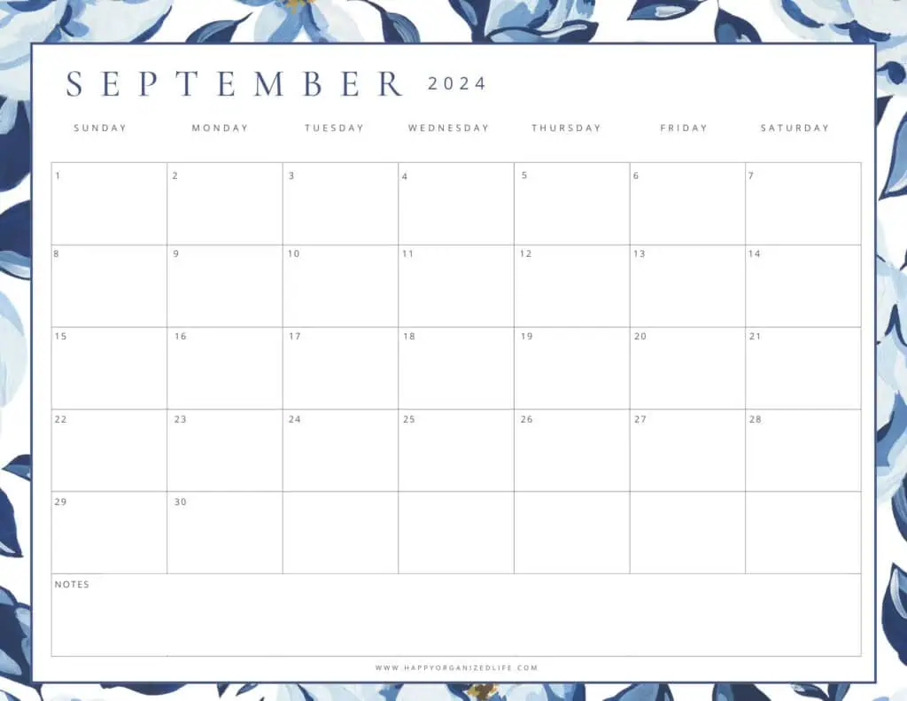September 2024 Blue Floral Printable Calendar